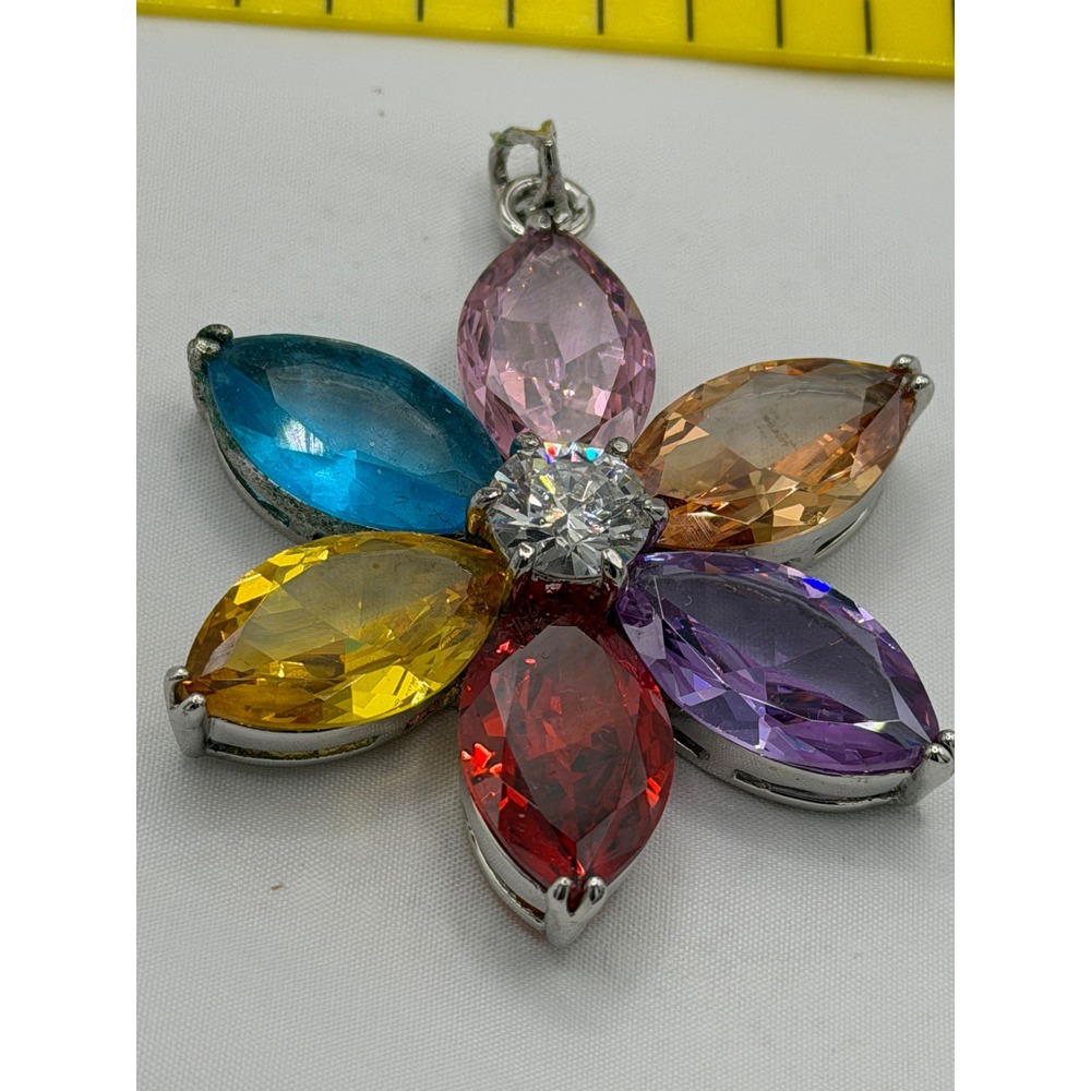 Multicolor Marquise Crystal Flower Pendant Silver-Tone Rainbow Floral Charm